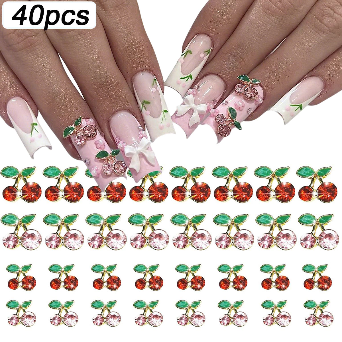 Nail Art Red Cherry - 40個入り 3D シャイニーピンク＆レッドチェリーネイルダイヤモンドジェム カワイイゴールドシルバーフルーツチェリーネイルジェム ラグジュアリーチェリーネイルアートデコレーション