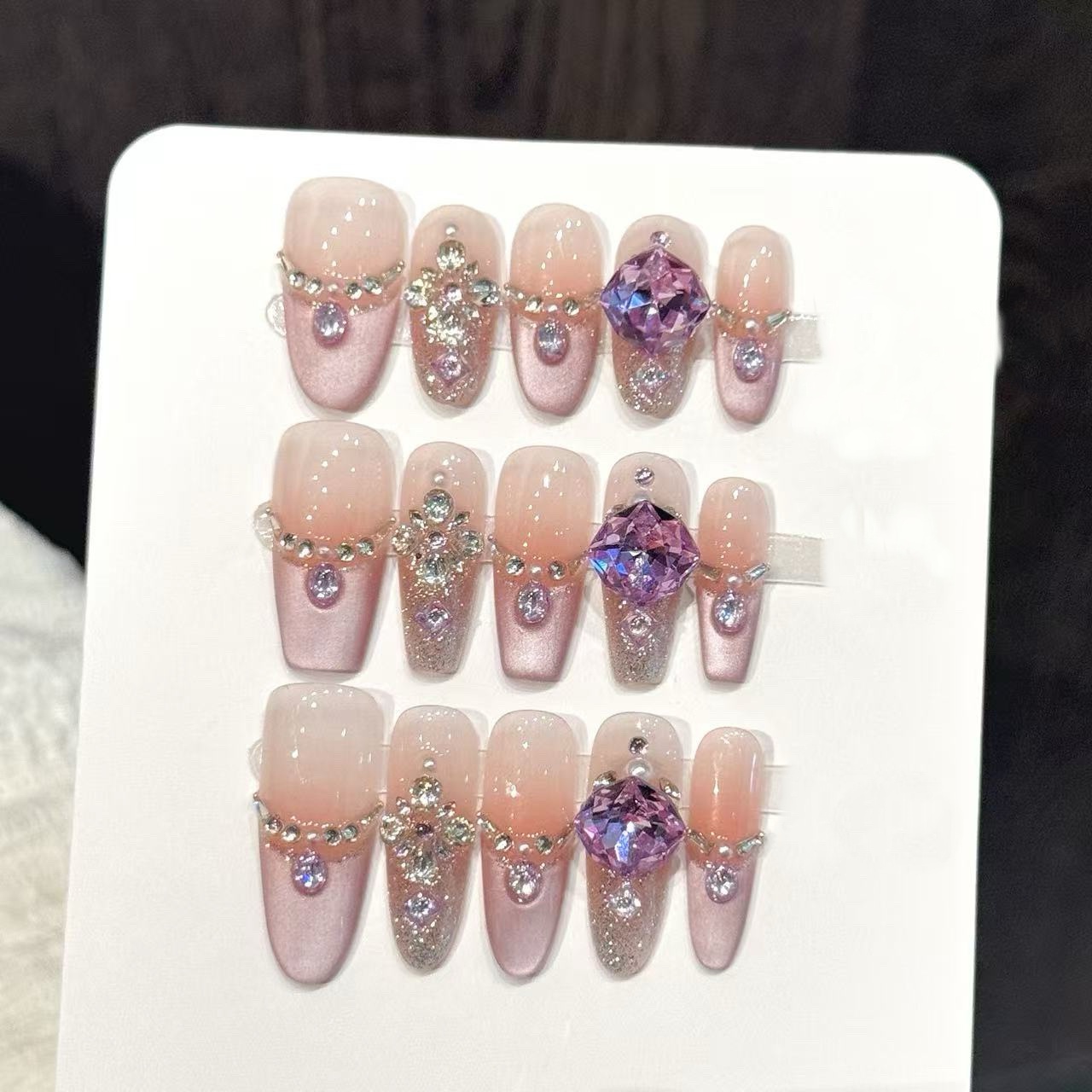 Nail Art Emerald - 10個入り純手作業プレスコフィン/オーバルネイルアート、素敵なフェイクネイル、優しいフレンチキャッツアイパープルダイヤモンド、女性に最適