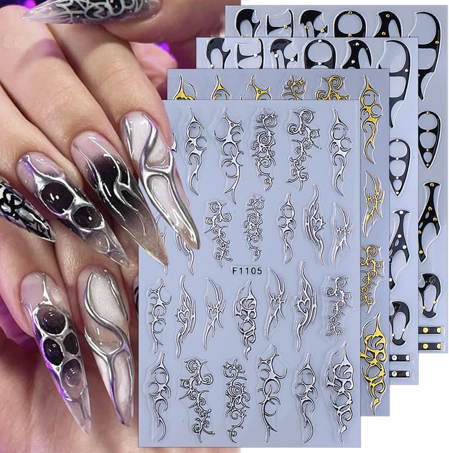 Nail Art Gothic - ゴシックネイルアート パンクベルトネイルデカール 3D 自己粘着 ゴールドシルバーラインネイルアートステッカー レトロな棘の炎のラインネイルデザイン