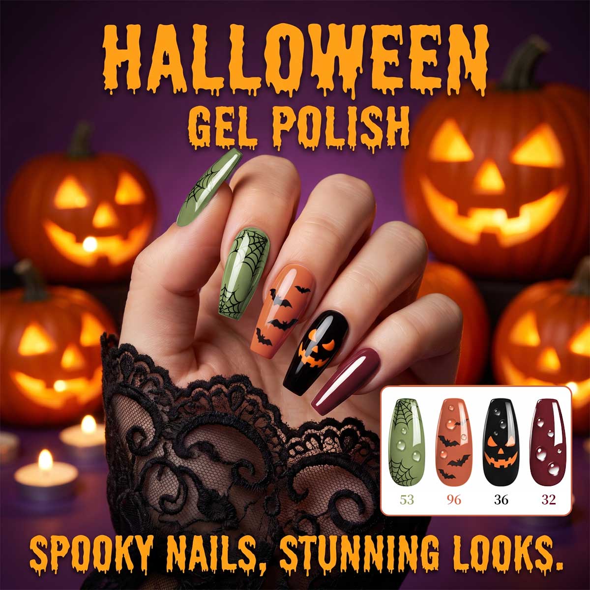 Nail Art Gothic - オリーブグリーン、オレンジ、バーガンディ、ブラックのハロウィンソリッドカラージェルネイルポリッシュ4本セット、UVソークオフで長持ちするジェルネイルポリッシュ、カボチャ、コウモリ、蜘蛛の巣などハロウィンネイルアートデザインの作成に最適です。 ゴシックダークスタイルや秋の日常ネイルアートに最適です。