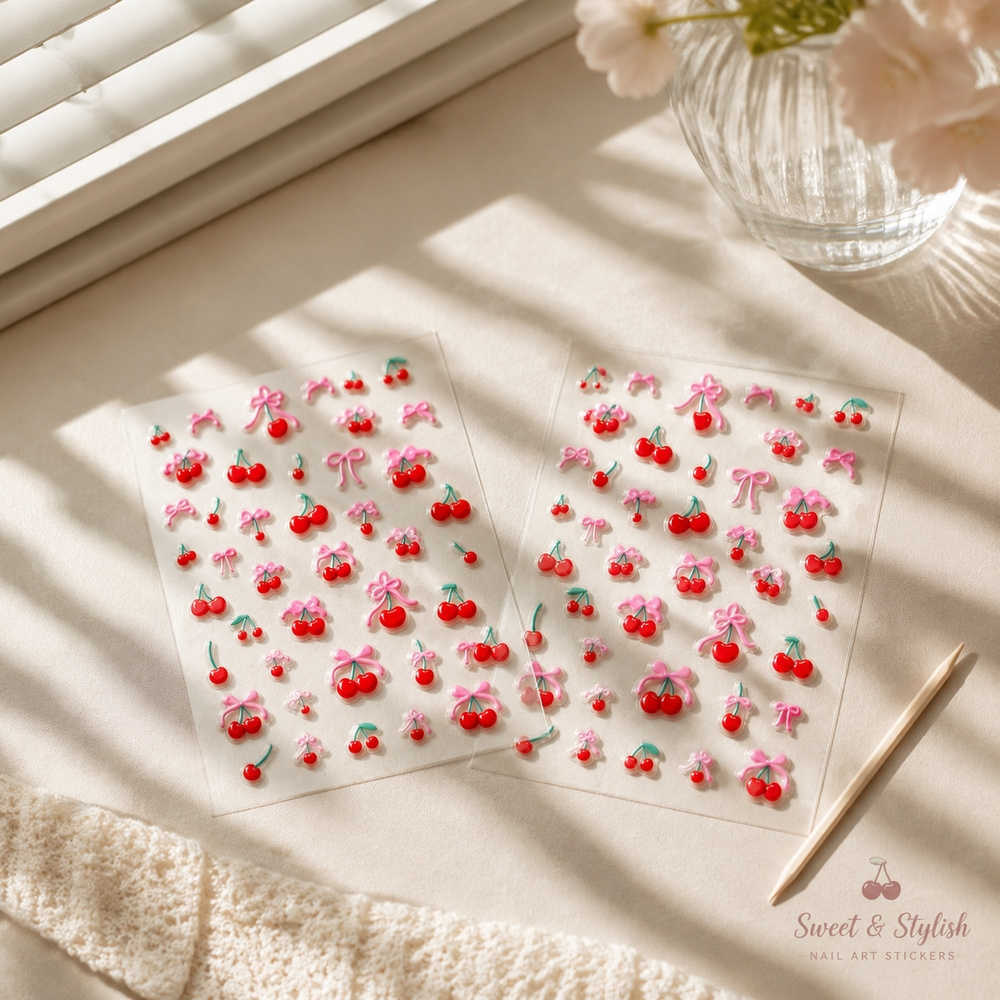 Nail Art Red Cherry - 1枚入りトレンドY2Kネイルデカールキュート3Dレッドチェリーピンクボウセルフ接着ネイルステッカーサマーフレッシュフルーツネイルアートアクセサリー