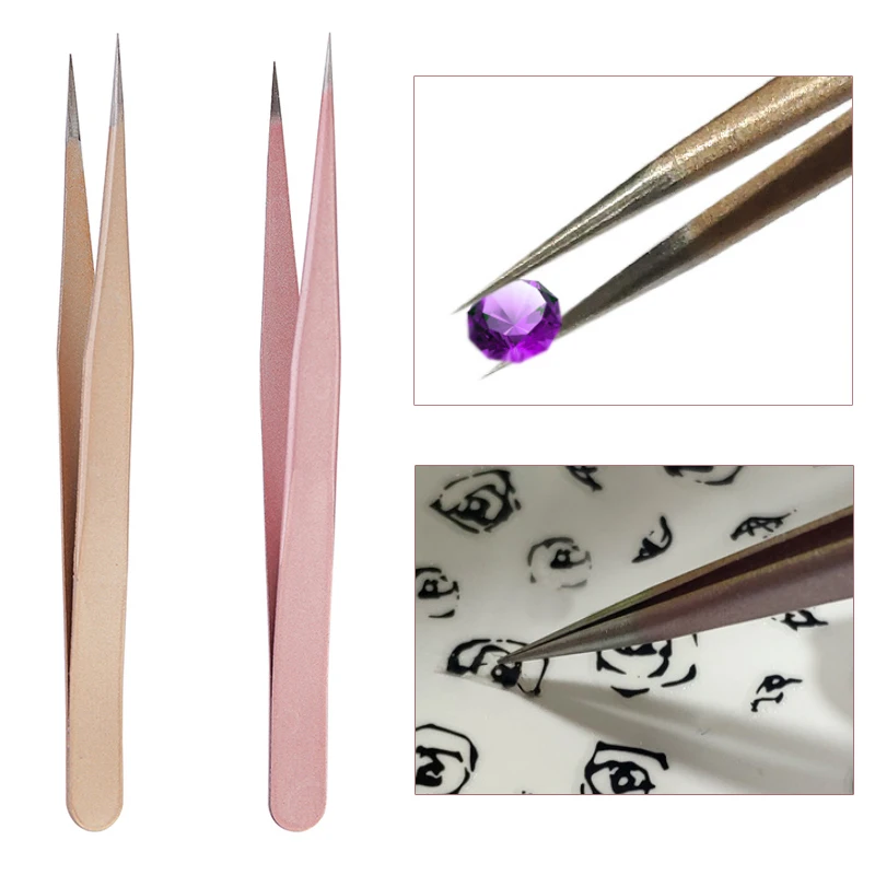 Nail Art Rose Gold - 1個入りストレートピンセット シャンパンローズゴールド ネイルアートラインストーンピッキングツール まつげと宝石の装飾用