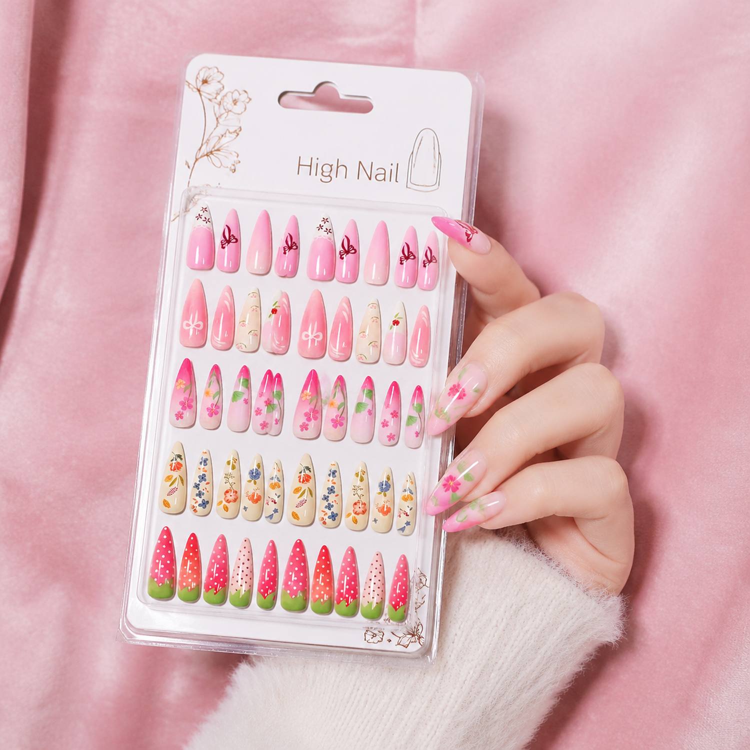 Nail Art Ombre Pink - 1袋入りフロストオムブレ3Dアートプレスオンネイルピンクブロッサムバタフライボウストロベリーパターンつけ爪フェイクネイル