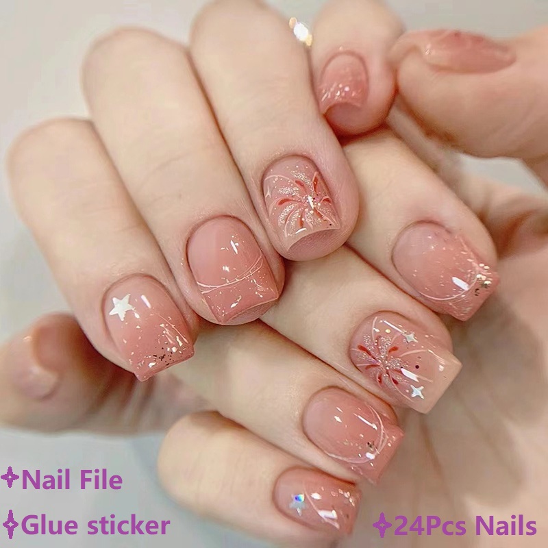 Nail Art Ombre Pink - ショートピンクプレスオンネイル シンプルなオンブルスプリングフェイクネイル 取り外し可能で着用可能なネイルアート ピンクフェイクネイル Y2Kスタイルプレスオンネイル