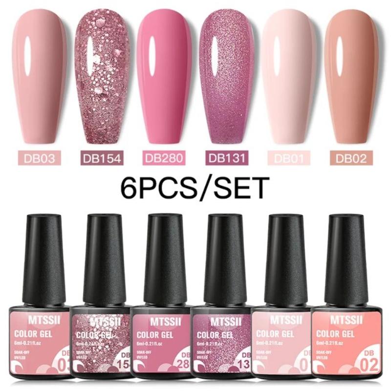 Gel Top Coat - Mtssii 6個セット ピンクグリッタージェルネイルポリッシュセット スパンコール セミパーマネント ベースマットトップコート