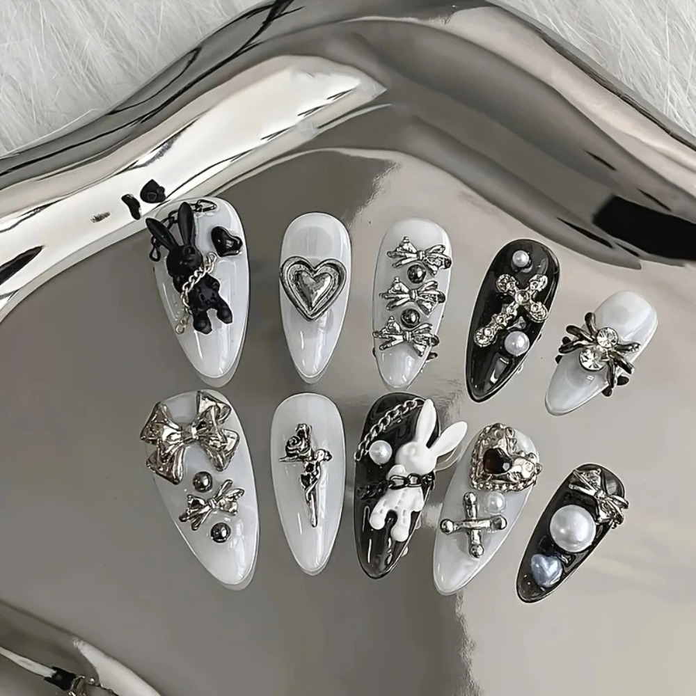 Nail Art Gothic - 新しい10個入りパーソナライズされた黒と白のネイルアート、ウサギとリボンのデコレーション - ゴシックミニマリストスタイル、日常着用に最適