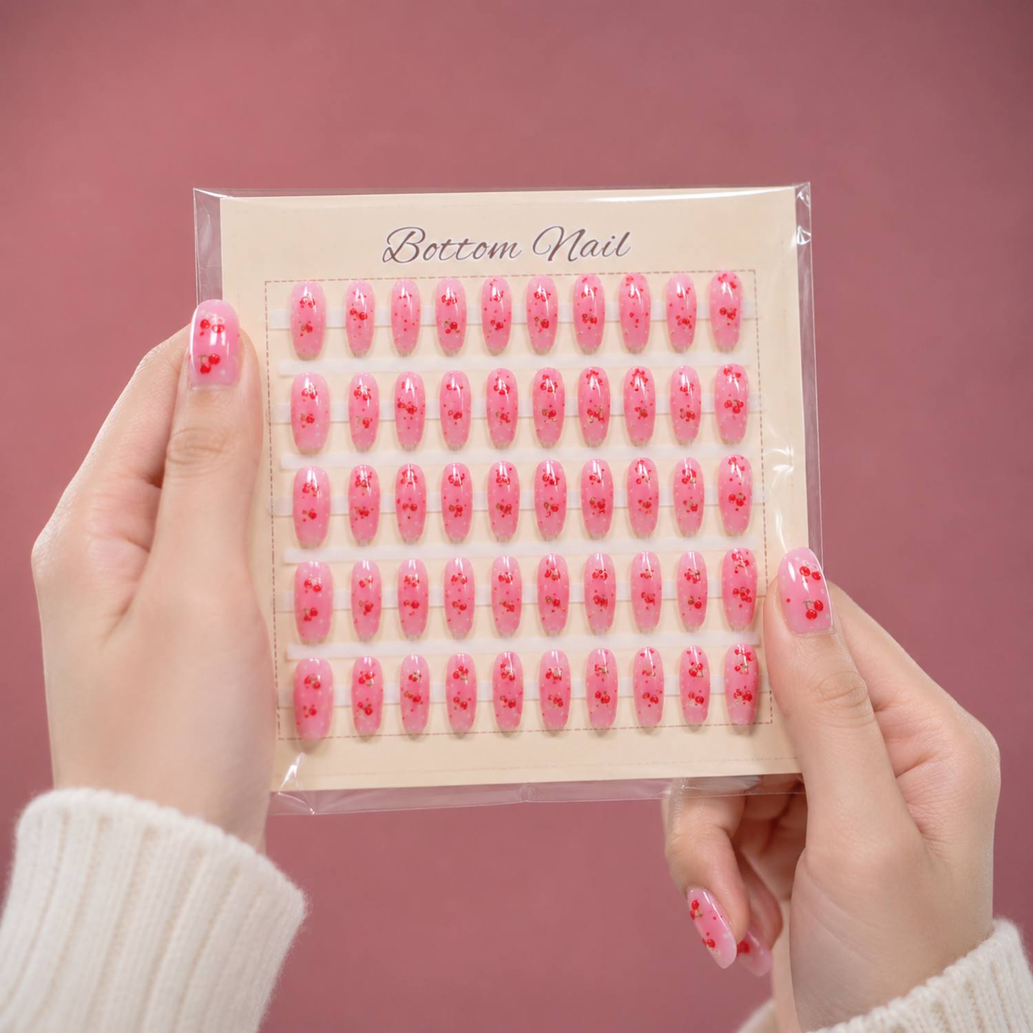 Nail Art Ombre Pink - 1袋入り ピンクオンブレ グロッシーチェリープレスオンネイル ピンクヌードシェード ドットチェリーフェイクネイル アート用チェリーフェイクネイル