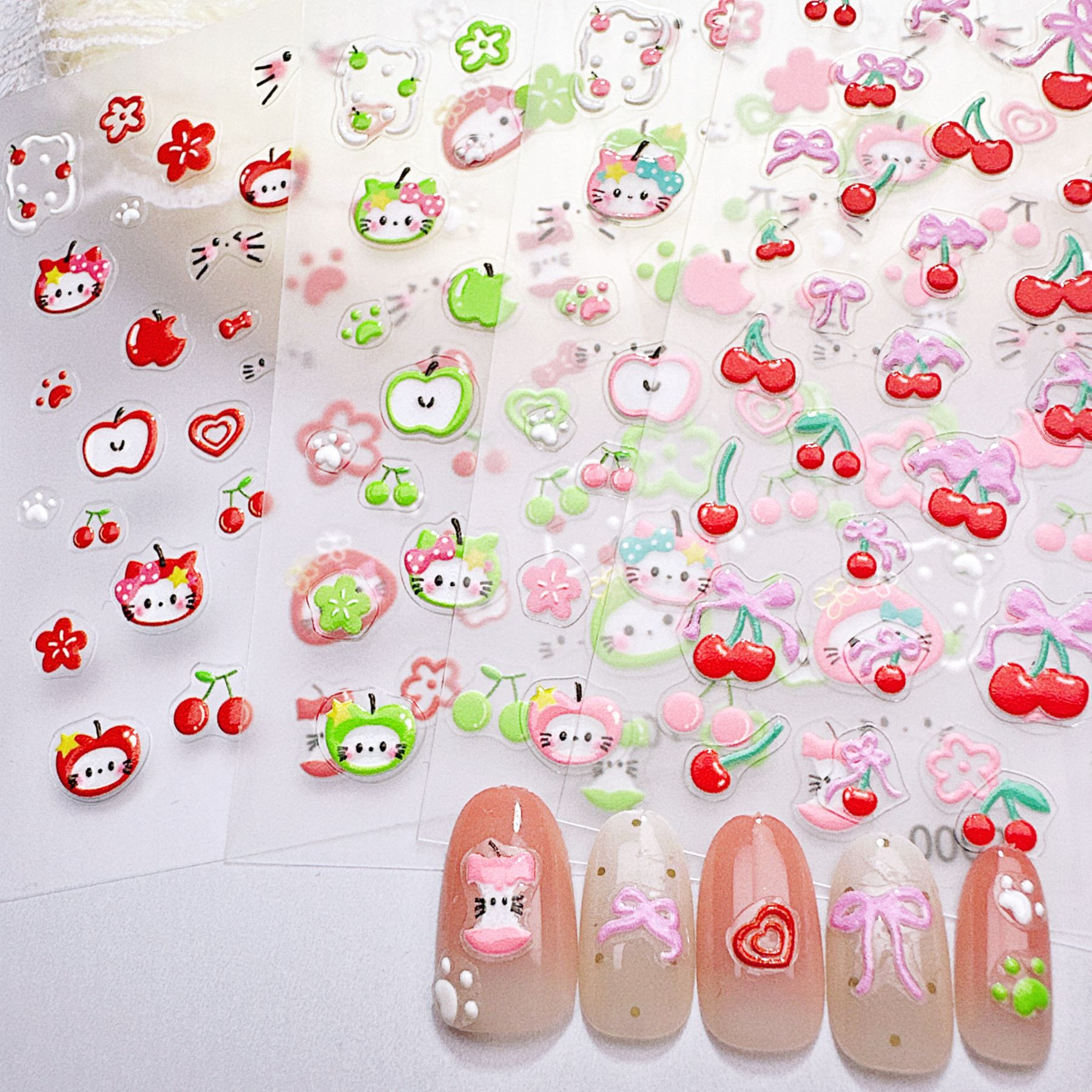 Nail Art Red Cherry - 1 個グリーン & レッドアップルキティネイルステッカー - 5D