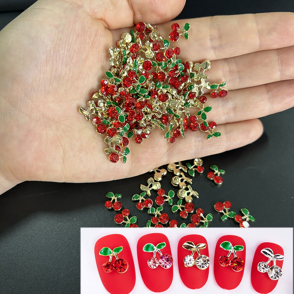 光沢のある金属ジルコンチェリーネイルチャーム、赤、ピンク、ラ - Nail Art Red Cherry のレビューと価格