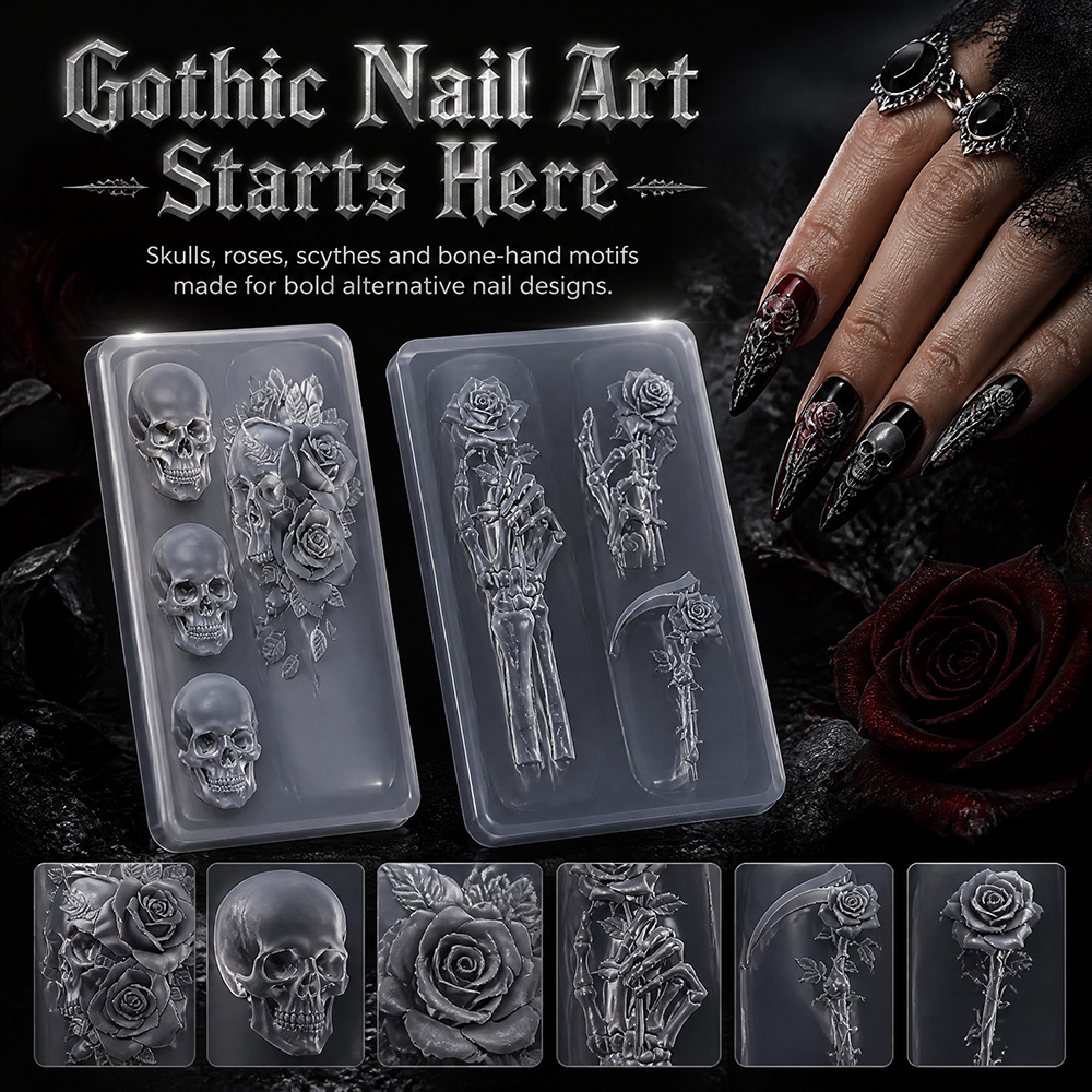 2個セット ダークローズスカル シリコンネイルアートモールド - Nail Art Gothic のレビューと価格