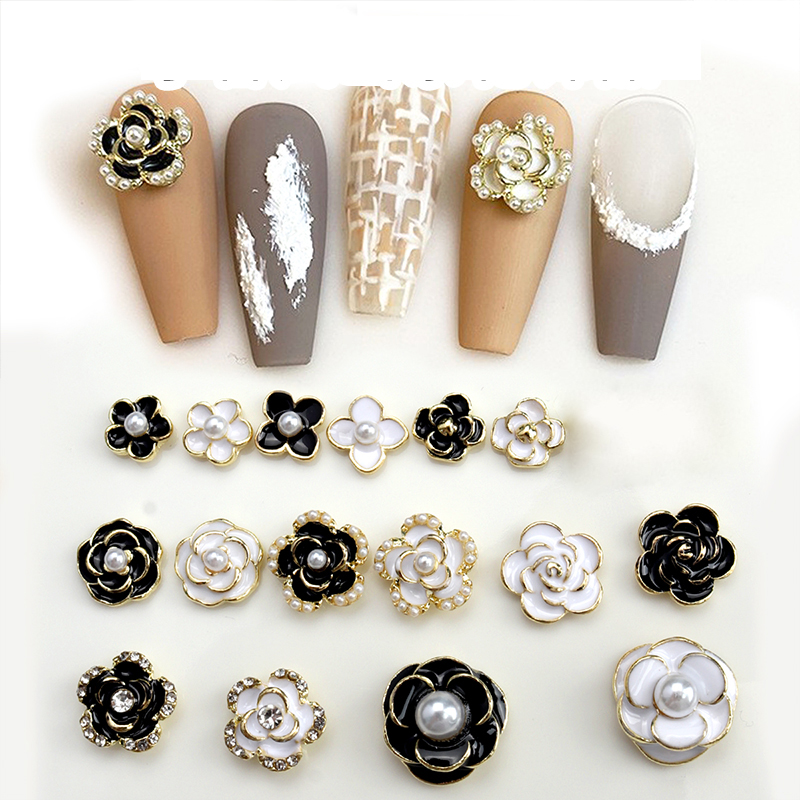 10 個明るい白黒ダイヤモンド真珠ゴールドエッジ椿ローズ花合 - Nail Art Rose Gold のレビューと価格