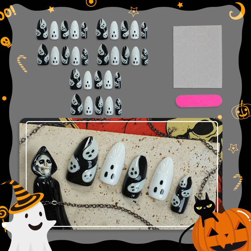 30個入り 2025年ハロウィン アーモンド型 怖い白黒ゴー - Nail Art Emerald のレビューと価格