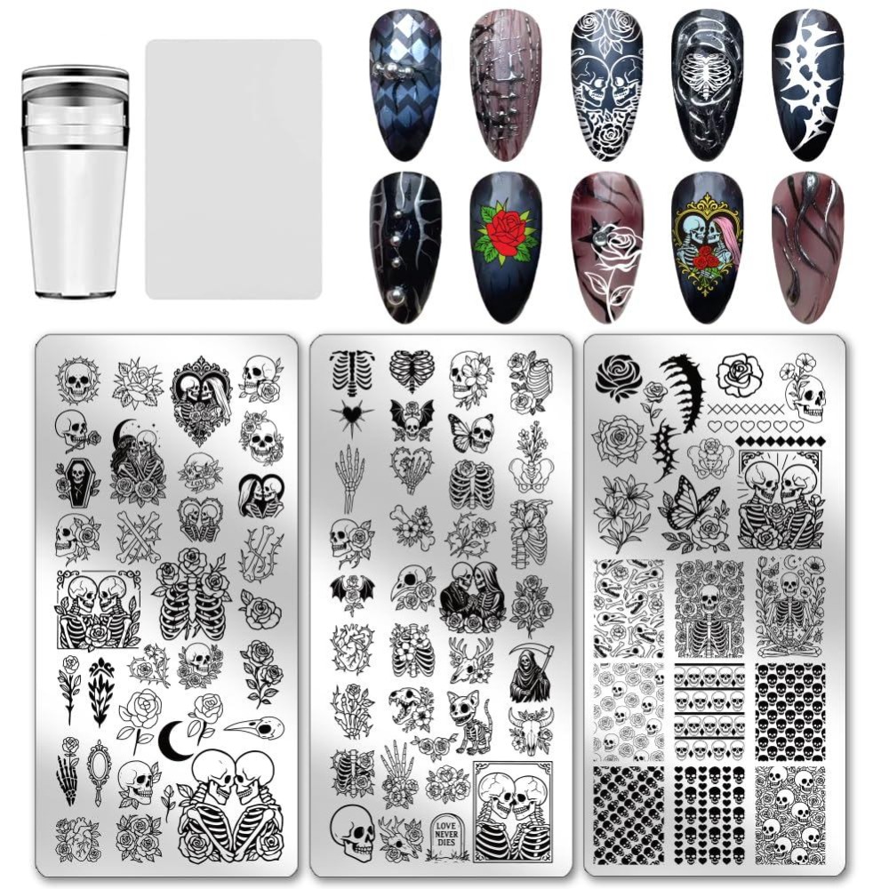 3枚入り スカルネイルスタンピングプレート 骨格 花柄 ネイ - Nail Art Gothic のレビューと価格