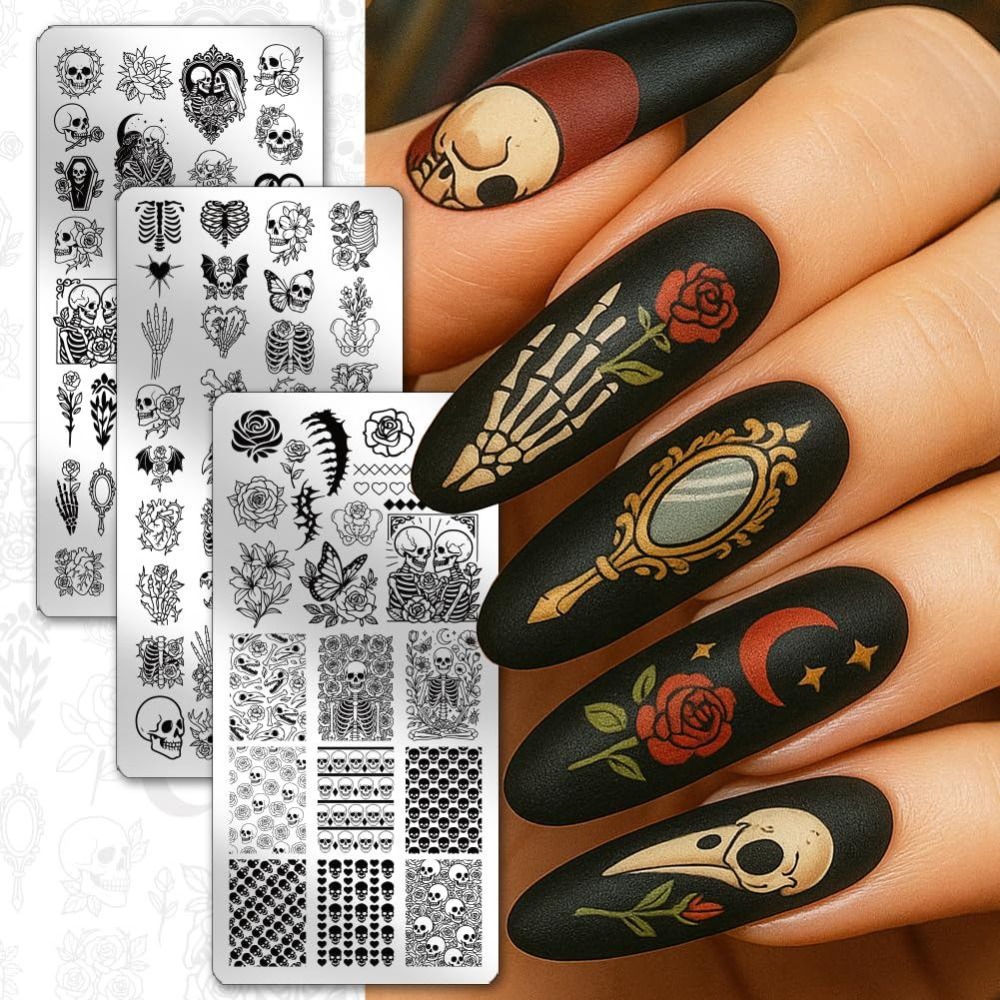 3枚入り スカルネイルスタンピングプレート 骨格 花柄 ネイ - Nail Art Gothic のレビューと価格