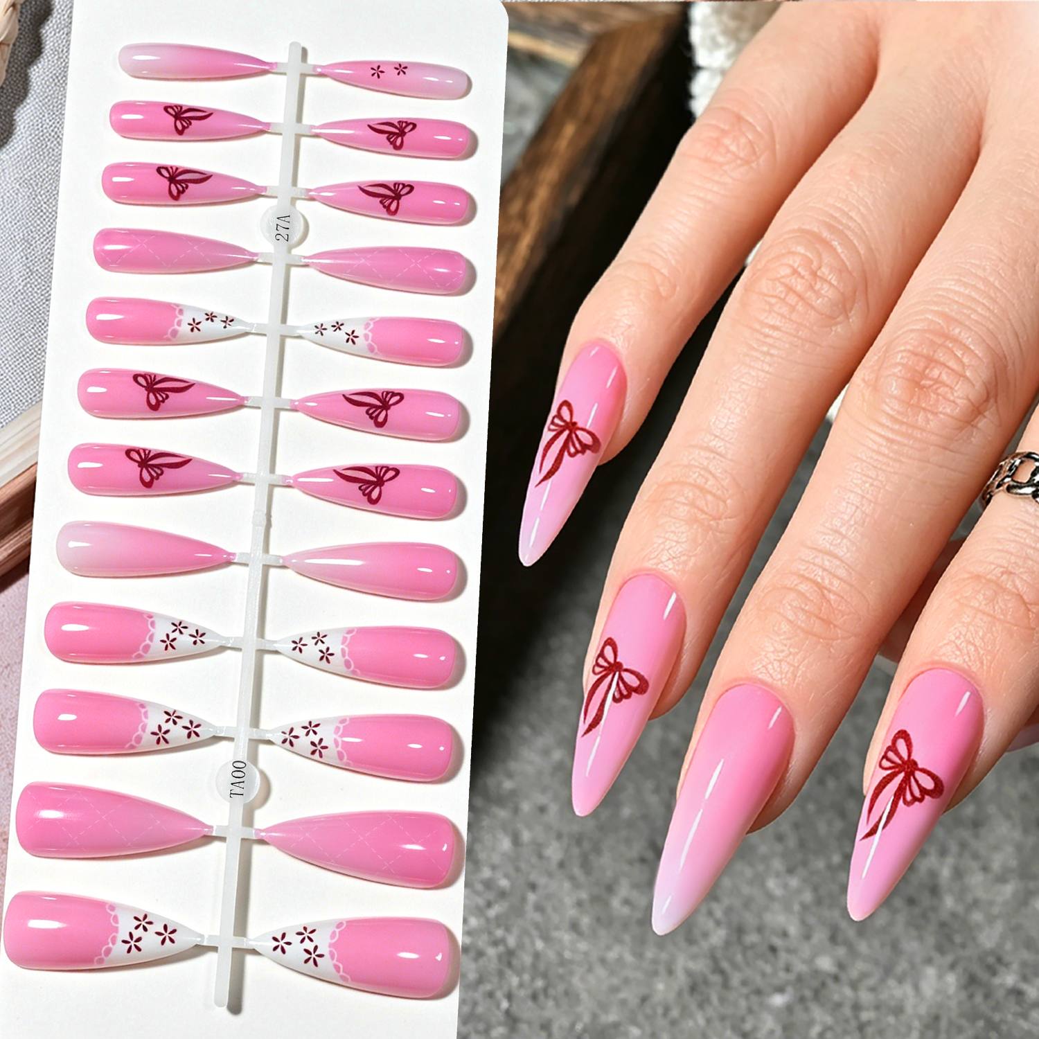 1袋入りフロストオムブレ3Dアートプレスオンネイルピンクブロ - Nail Art Ombre Pink のレビューと価格