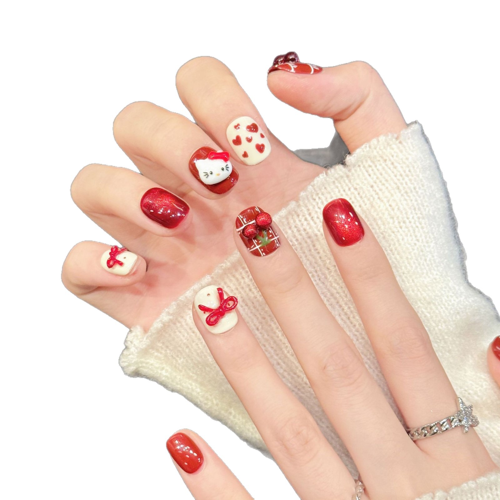 10個入り ハンドメイド ネイルアート レッドホワイト チェ - Nail Art Red Cherry のレビューと価格